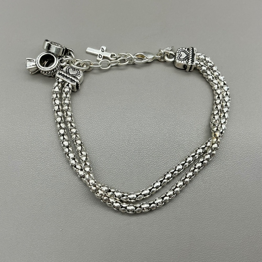 Premier Designs Charm Bracelet Women Silver Tone Cross Heart Multi Strand Chain